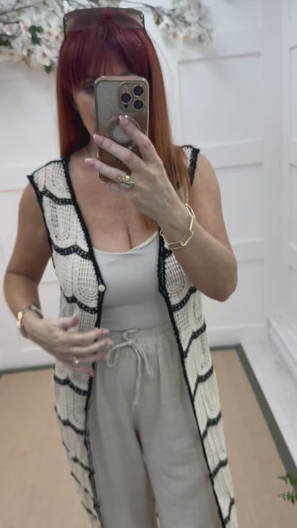 Cici: Cream longline crochet waistcoat. One size: 10-14