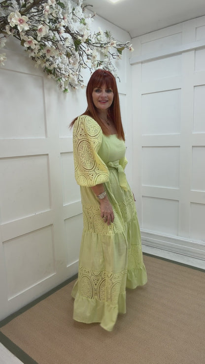 Belle: Apple green cotton Broderie Anglaise maxi dress. 3 sizes