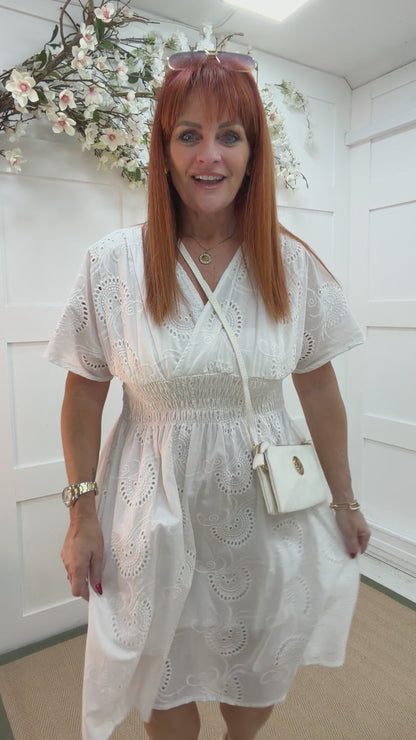 Belinda: White broderie anglaise midi dress. One size: 10-16