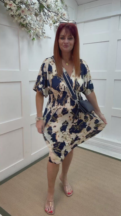 Dixi: Navy & cream stretchy midi wrap dress. One size 12-22