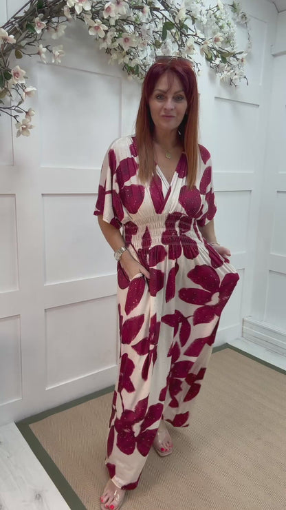 Eva: Stretchy wine & Ivory leaf maxi dress. One size 12-22