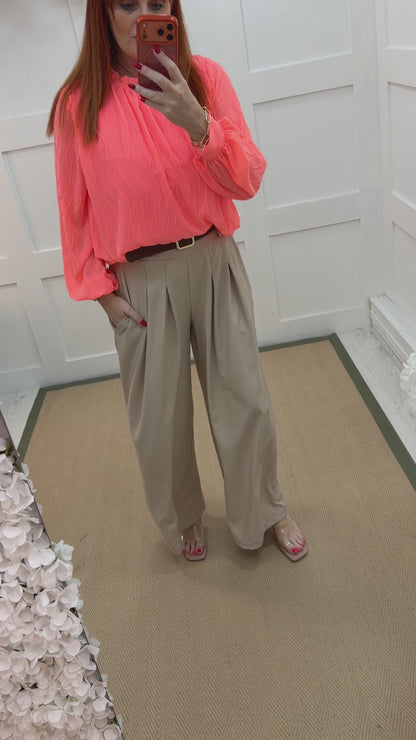 Zina: Beige pocket wide leg trousers. One size: 10-16