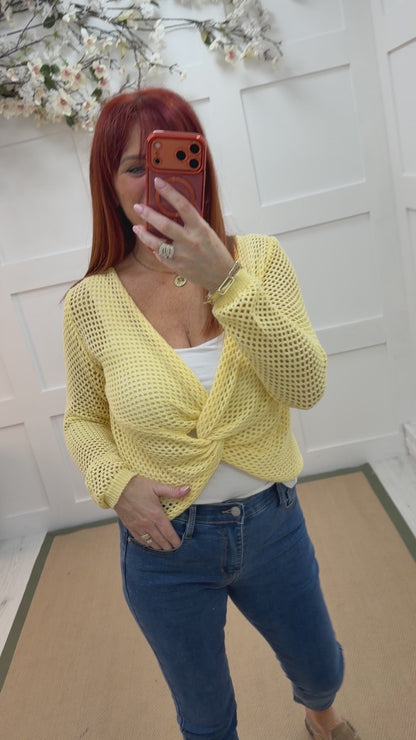 Kiera: Lemon open knit knot top. One size: 12-16